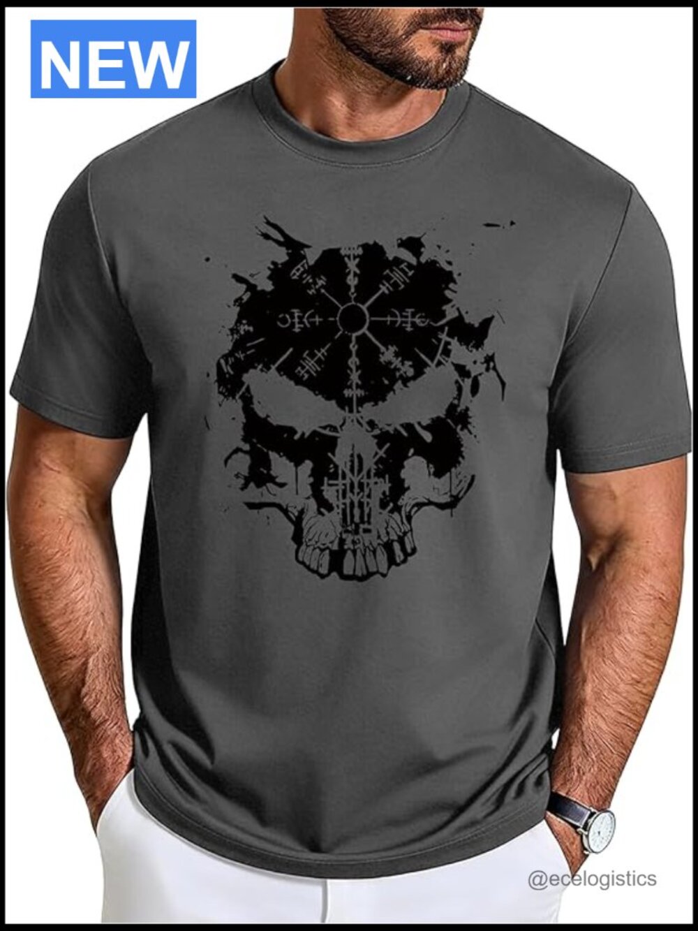 Mens Viking Skull Graphic Tee Cotton Short Sleeve Casual Streetwear